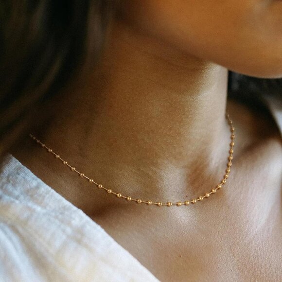 Gold Bead Flat Chain 13-15 inch Hypoallergenic Adjustable Choker Necklace for Wo - Picture 3 of 6